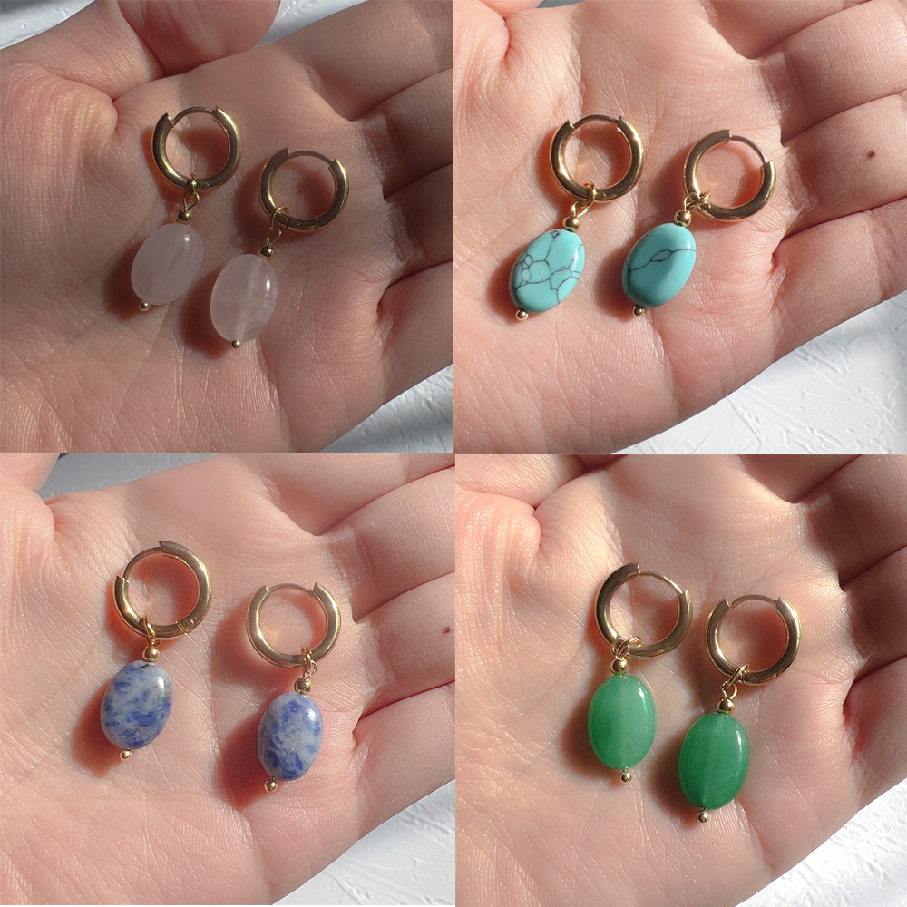 Oval-Shaped Earrings with Wind-Style Clasps, Titanium Steel and Natural Stone