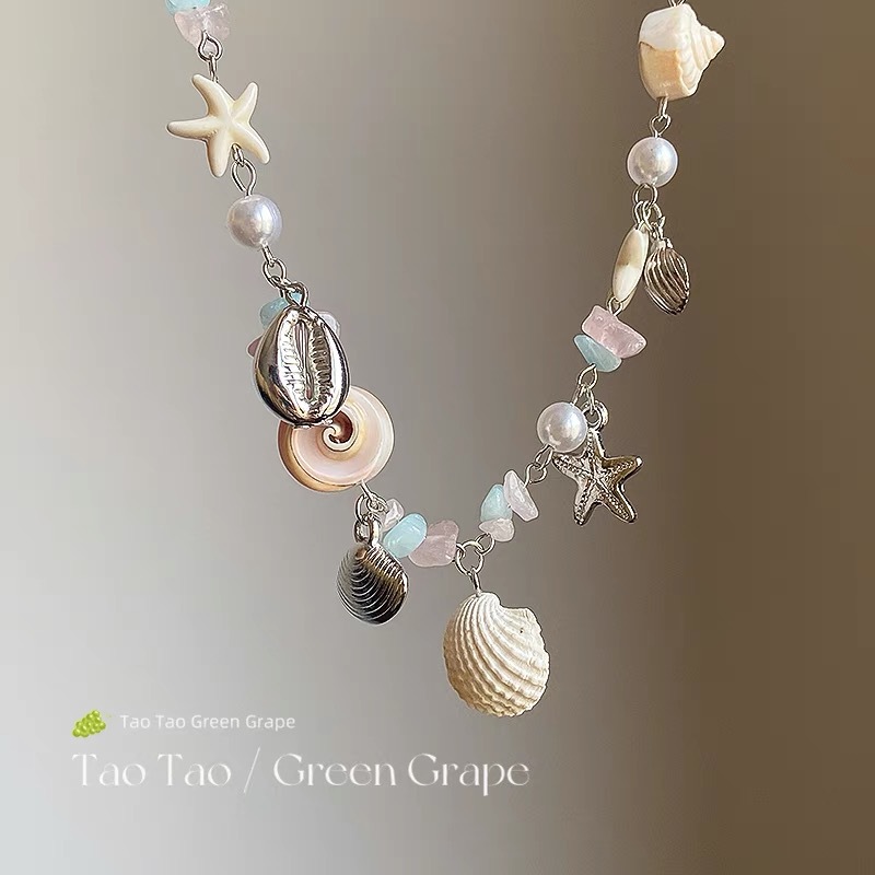 Starfish Shell Pearl Colorful Beaded Necklace Women Beach Vacation Style Collarbone Chain Summer Sweet Cool Necklace Accessories