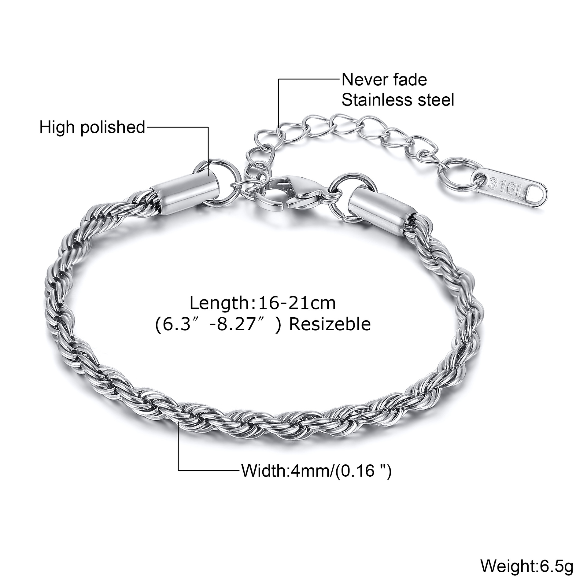 Titanium Steel Hemp Rope Bracelet Thick 2/3/4/5/8MM Unisex Women's Gold-Plated Stainless Steel Accessories