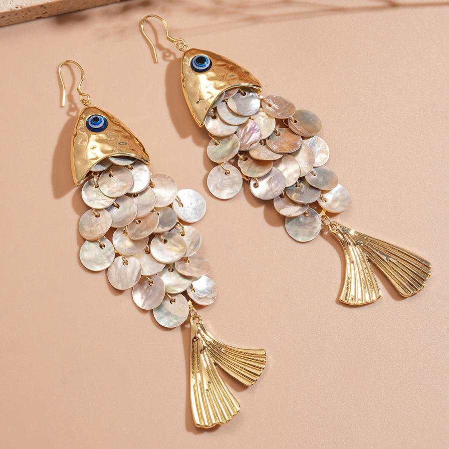 Fish-Shaped Shell Tassel Ear Hook Beach Vacation Style Earrings for Women