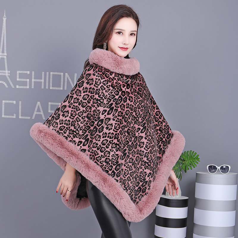 Pullover Street Pullover Poncho Fur Collar Non-Detachable Shawl Leopard Print Knit Fleece Poncho Fur Collar