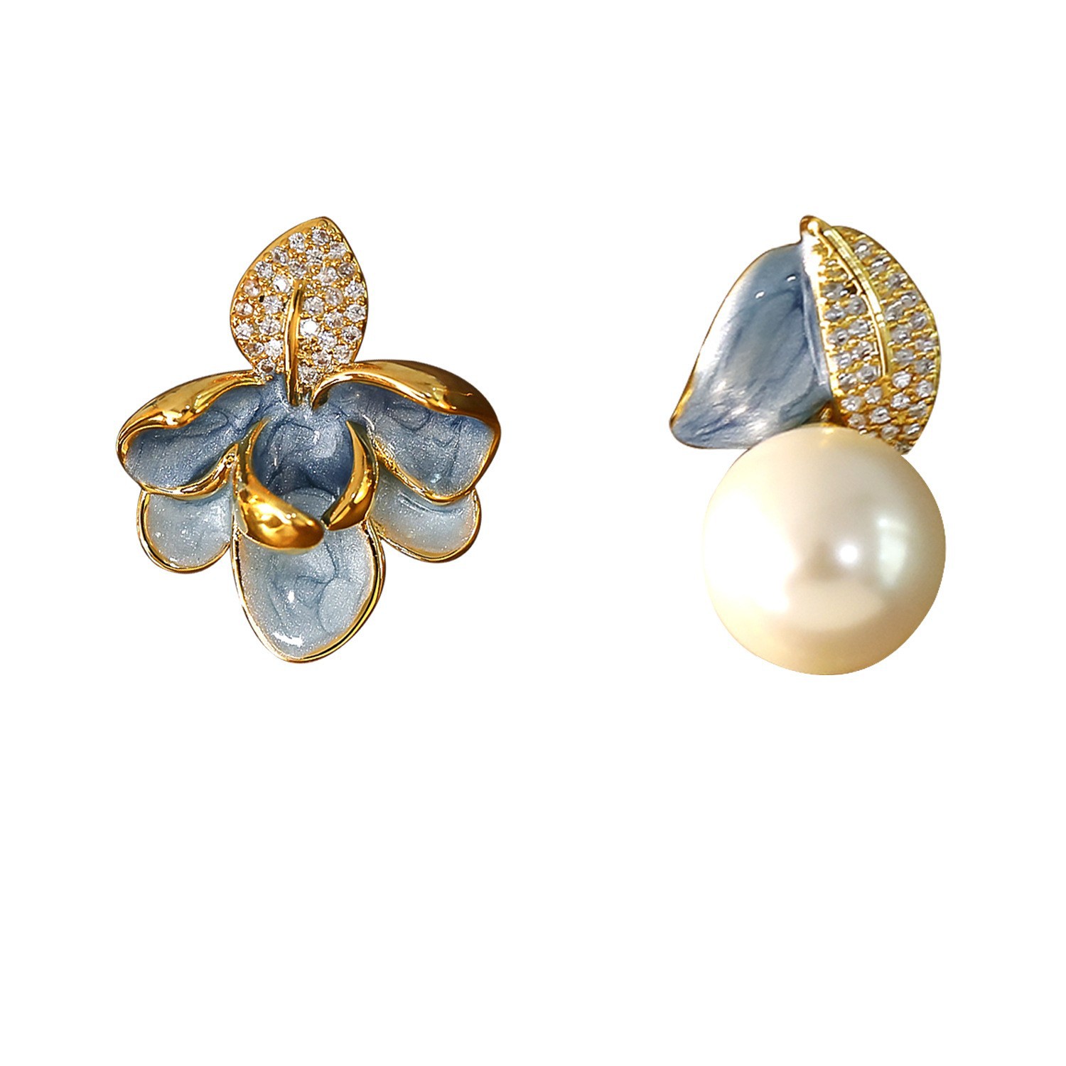 Enamel Drip Glaze Asymmetrical Leaf Ear Clip Inlaid Diamond Pearl Earrings No Ear Hole Chinese Palace Style Ear Drops
