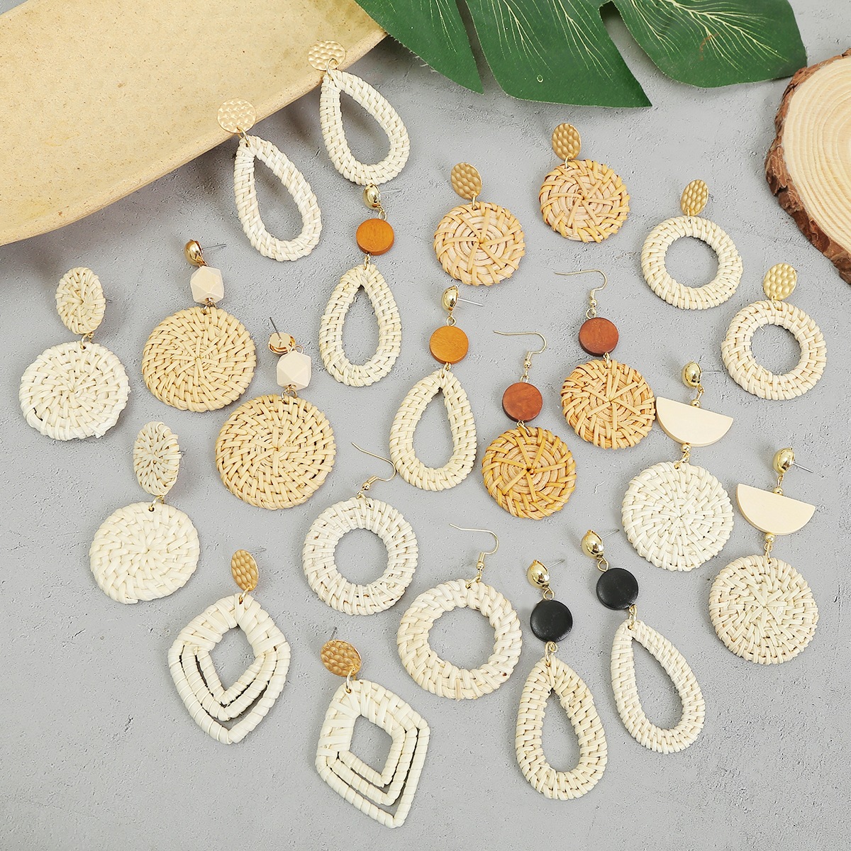 Hand-woven rattan earring set new Bohemian earrings natural rattan earrings