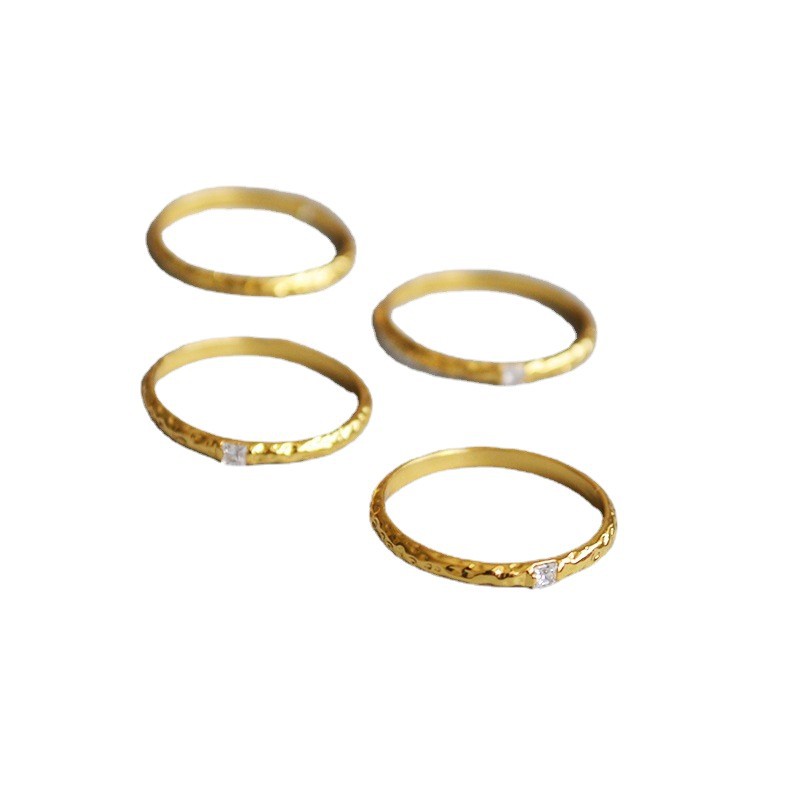 Japanese-Korean simple handmade hammered textured square zirconium sparkling diamond simple mix and match thin ring for women