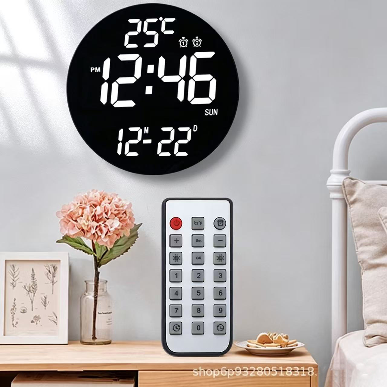 12-inch remote control electronic wall clock, digital perpetual calendar, living room alarm clock, student countdown round clock