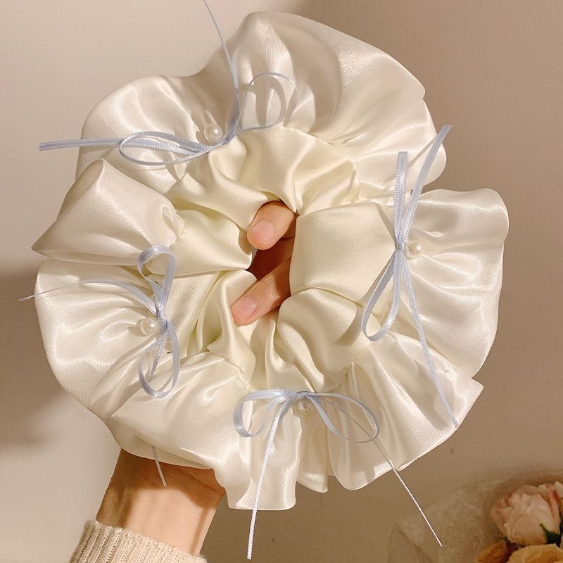 69#蓝色蝴蝶结珍珠奶油白缎面花边约20cm
