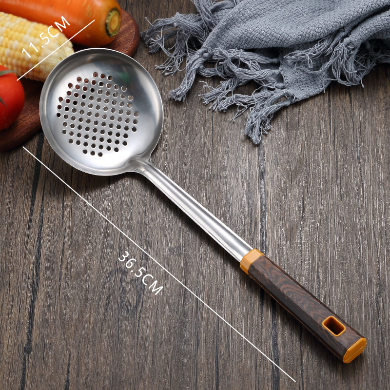 Stainless steel thickened wok spatula soup spoon home kitchen chef cooking anti-scald wok spatula wood grain handle set