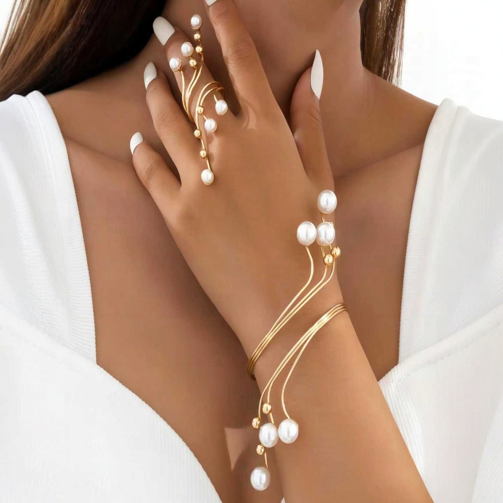 Geometric Pearl Bracelet Set Sense Metal Connected Finger Ring Accessories
