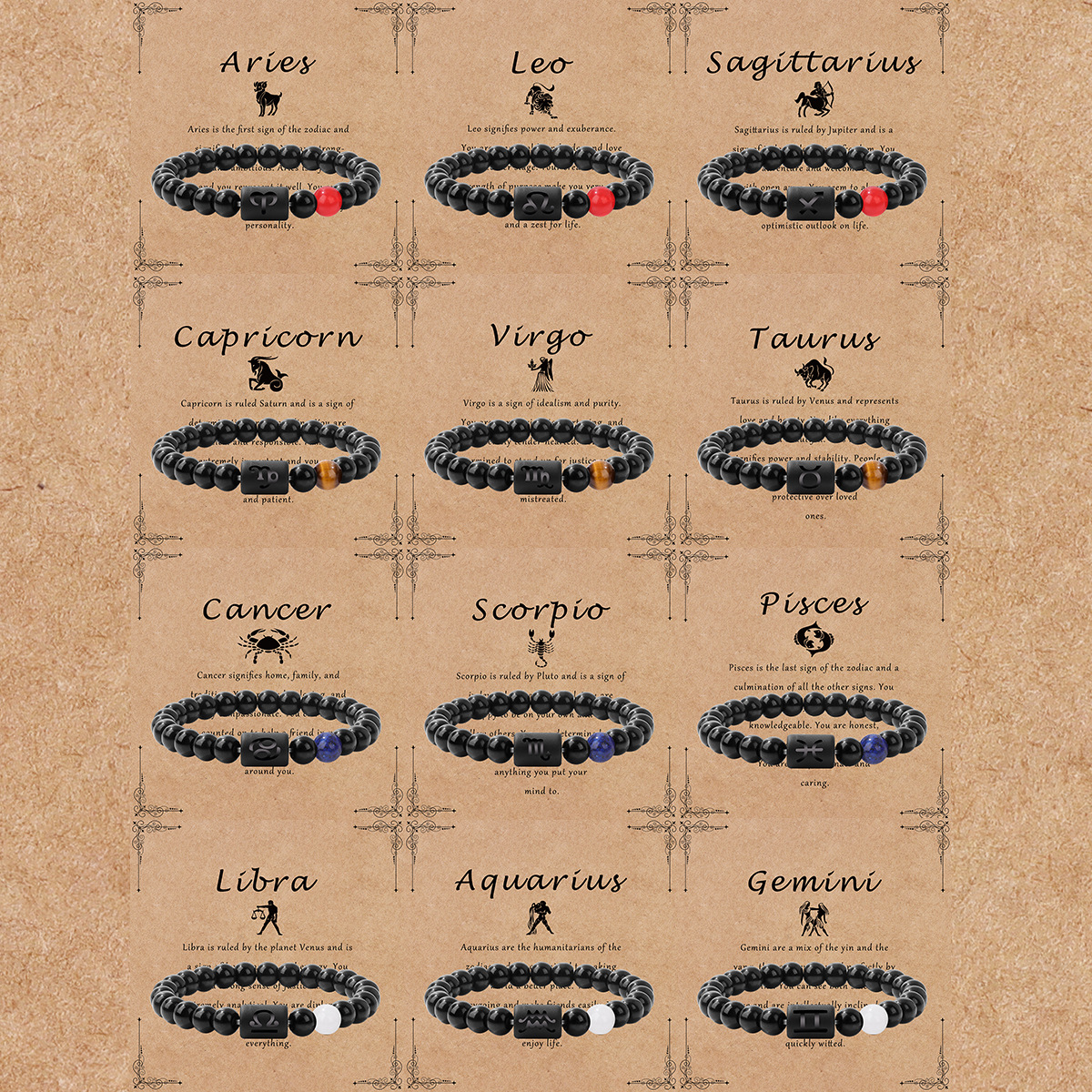 Twelve zodiac bracelet for men shiny black beads elastic rope unisex bracelet
