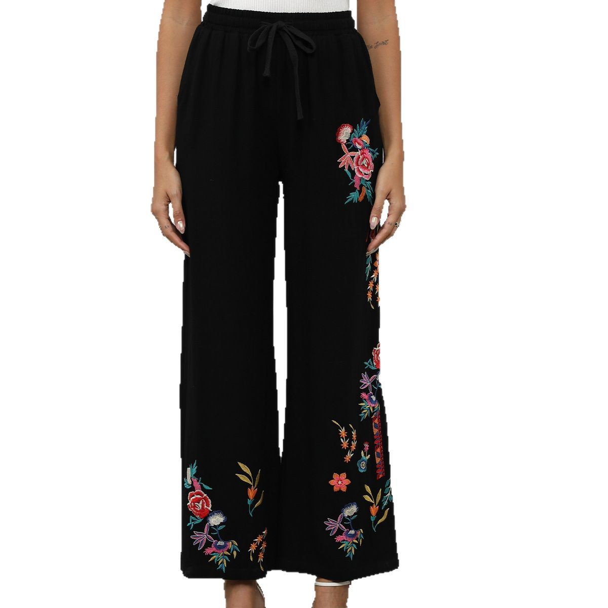Ethnic style wide-leg straight-leg pants cotton-linen embroidered flower nine-point skirt pants summer loose plus size casual pants #048