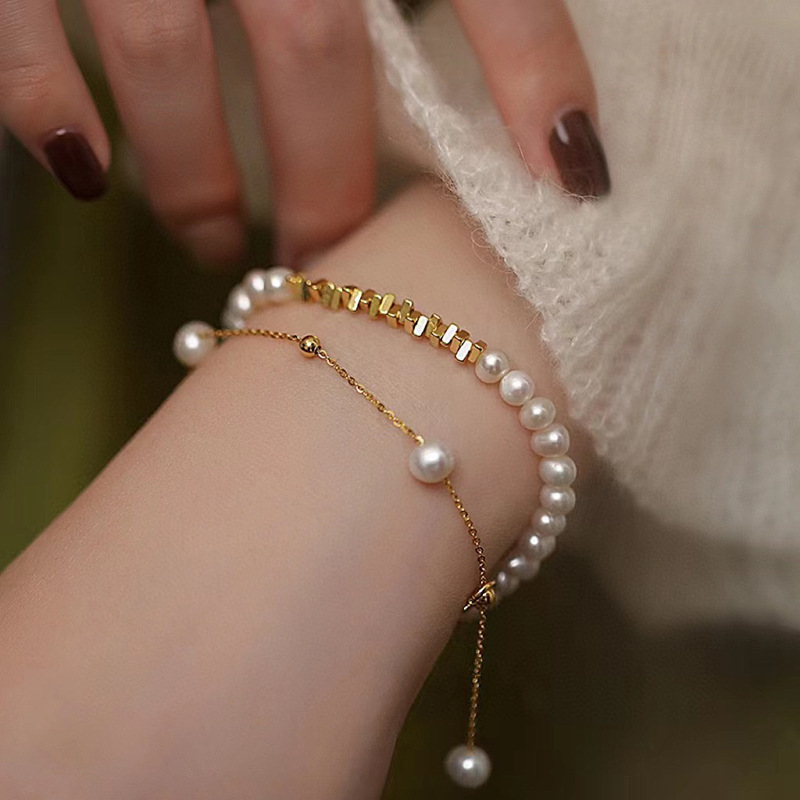 Natural Freshwater Pearl Bracelet Stackable New Women Double Layer Small Gold Bead Bracelet Summer