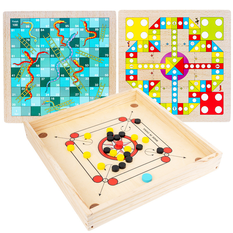 Children's Wooden Multi-functional Board Game: Flying Chess, Snake Chess, Checkers, and Carrom in One, Tabletop Puzzle Game for Students and Adults