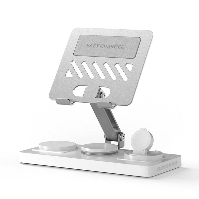 Desktop Multi-Functional Wireless Charger Foldable Rotatable 5-in-1 Wireless Charger with Tablet Metal Stand Retractable Cable