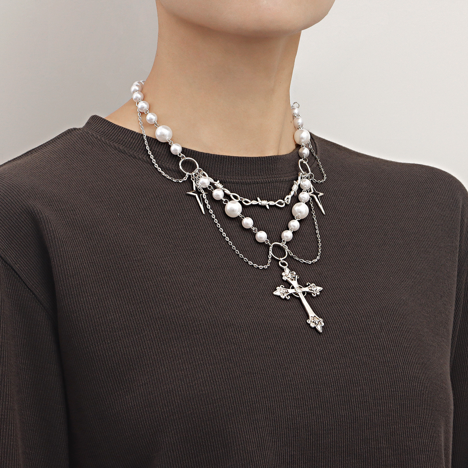 Accessories Double Layer High Gloss Pearl Tassel Cross Star Cross Necklace for Women