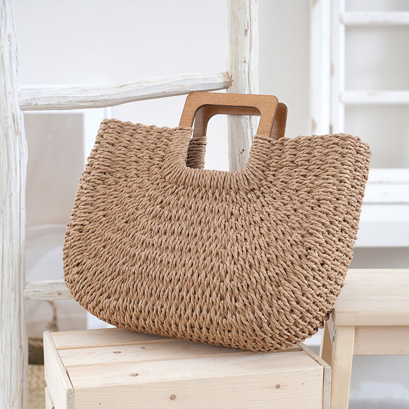 New Wooden Handle Woven Bag Large Capacity Handbag Casual Simple Summer Beach Vacation Travel Straw Bag