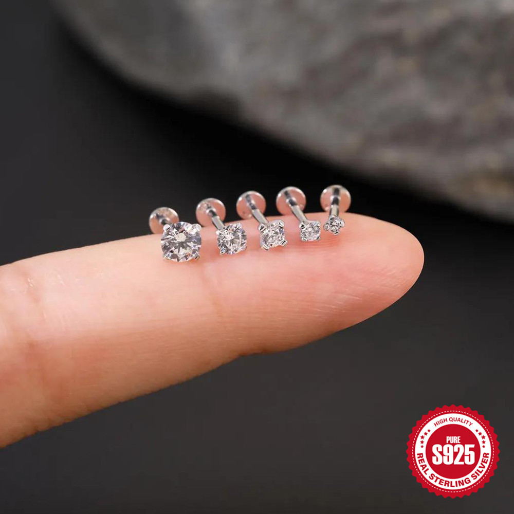New S925 sterling silver moissanite four-claw setting flat head threaded ear studs threaded cartilage ear bone studs