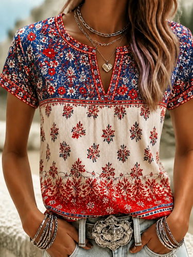 2026 New Summer American Flag Print V-Neck Short Sleeve T-Shirt Women Loose Casual Top
