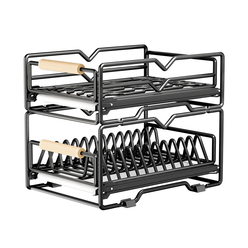 Stainless Steel Plate Storage Rack Kitchen Cabinet Organizer Drawer Pull-Out Basket Drip Bowl Plate Rack