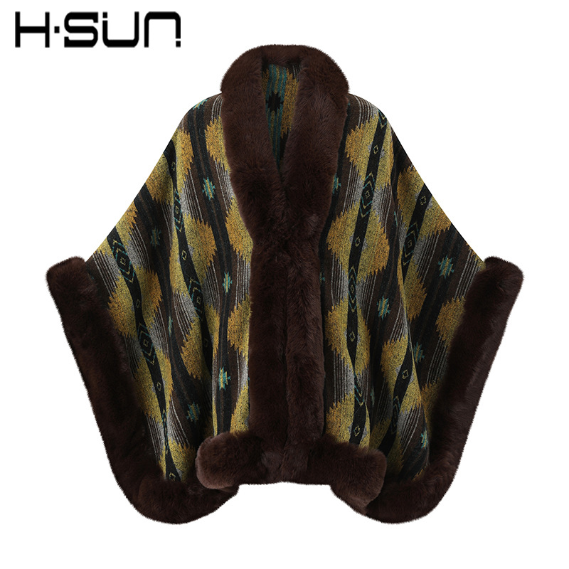 Autumn and Winter Large Loose Imitation Rabbit Fur Collar Split Knit Sweater Women's Poncho Cape Warm Cape Coat