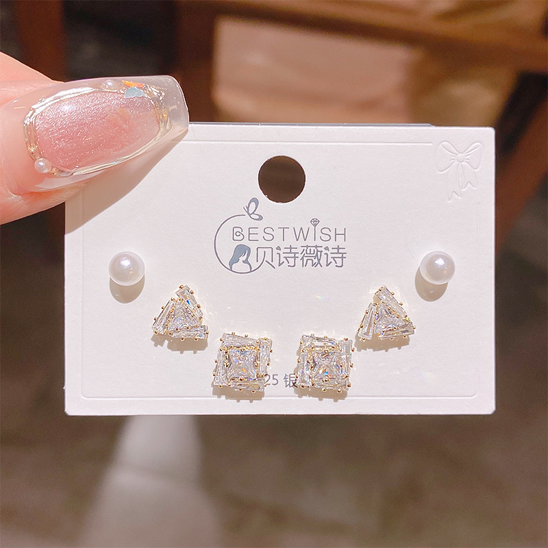 High-quality S925 silver needle zircon 6-piece set small earrings, women's simple three pairs of earrings