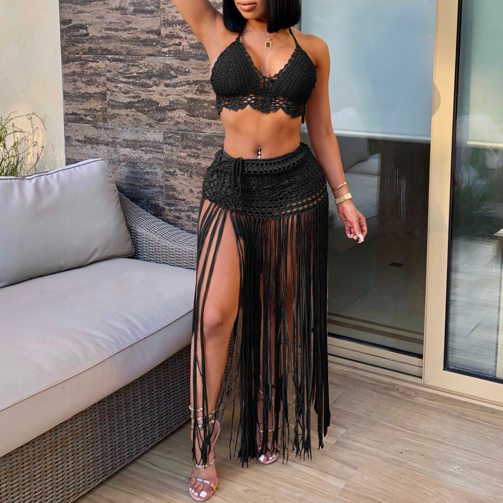 Women's Set Hand-Crocheted Beach Bikini Top Plus Long Tassel Skirt Two-Piece Set