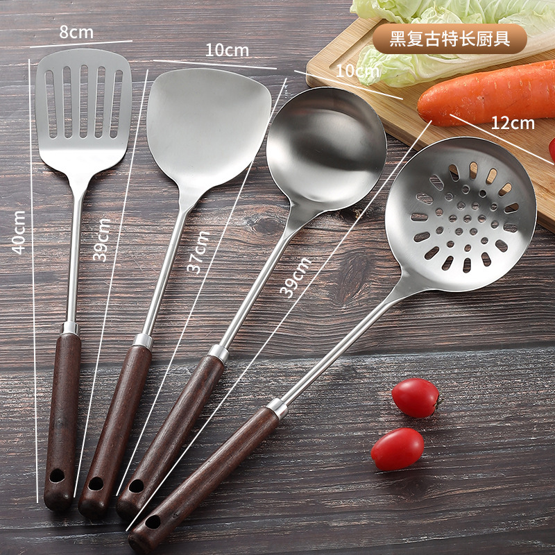 Thickened non-magnetic stainless steel pot shovel, kitchen wooden handle spatula, cooking spoon, 9.9 yuan store display