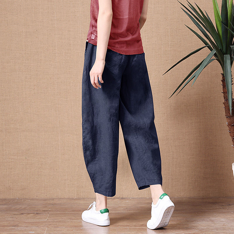 Summer Loose Breathable Seven-tenths Pants Cotton-linen Solid Elastic Waist Women's Wide-leg Pants Simple Casual Pants