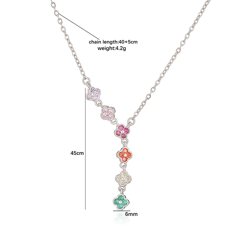 Copper Inlaid Colorful Diamond Four-Leaf Clover Necklace Unique Super Shiny Four-Leaf Flower Tassel Clavicle Chain Choker