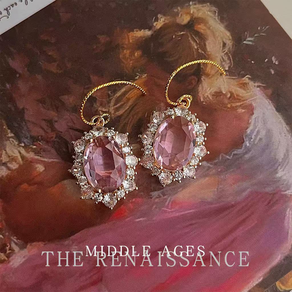 Vintage Retro Heavy Craft Colored Gem Zircon Earrings Exaggerated Western Style Ear Studs Court Style Ear Accessories
