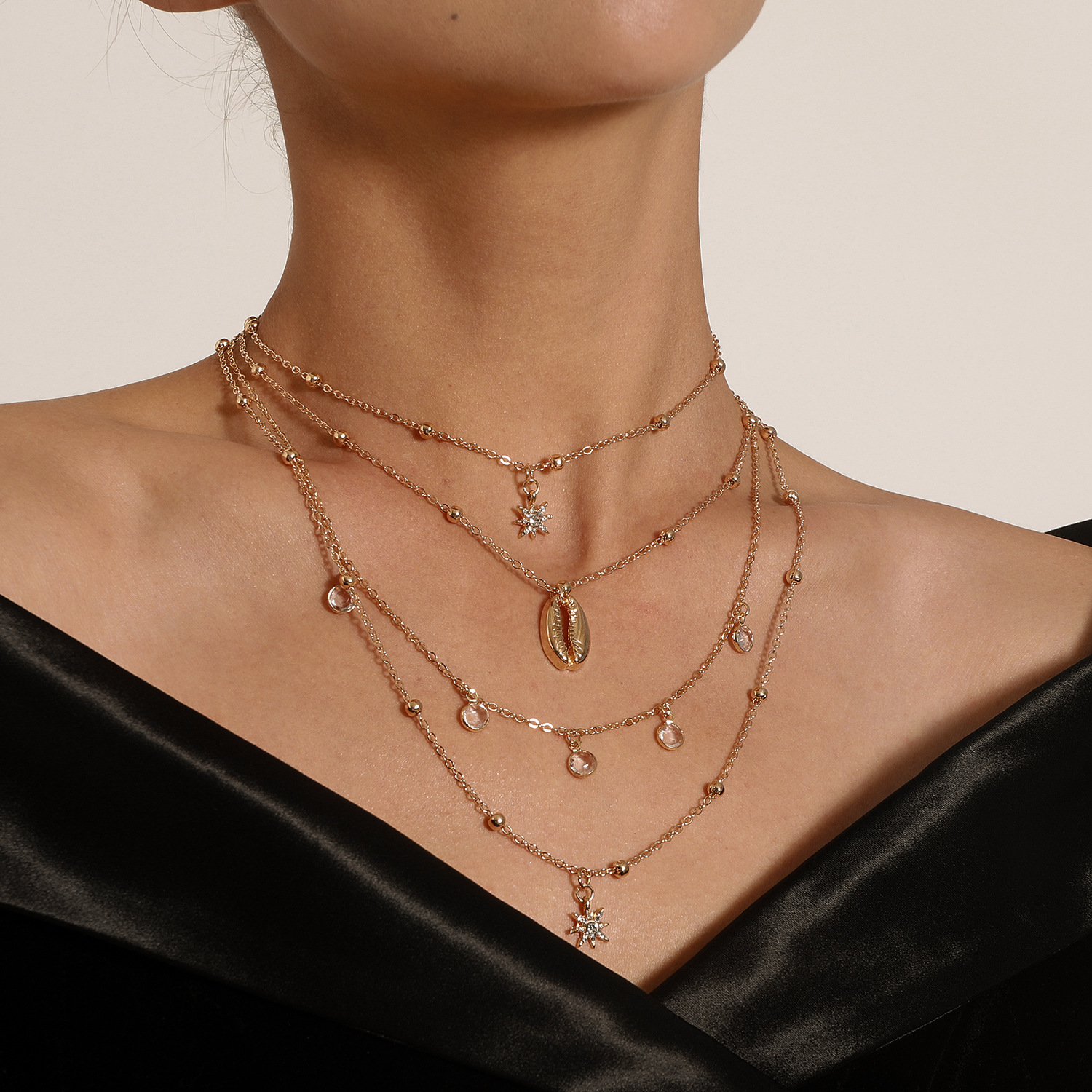 Accessories Women's Full Diamond Six-pointed Star Pendant Necklace Multi-layer Hip-hop Rhinestone Shell Necklace