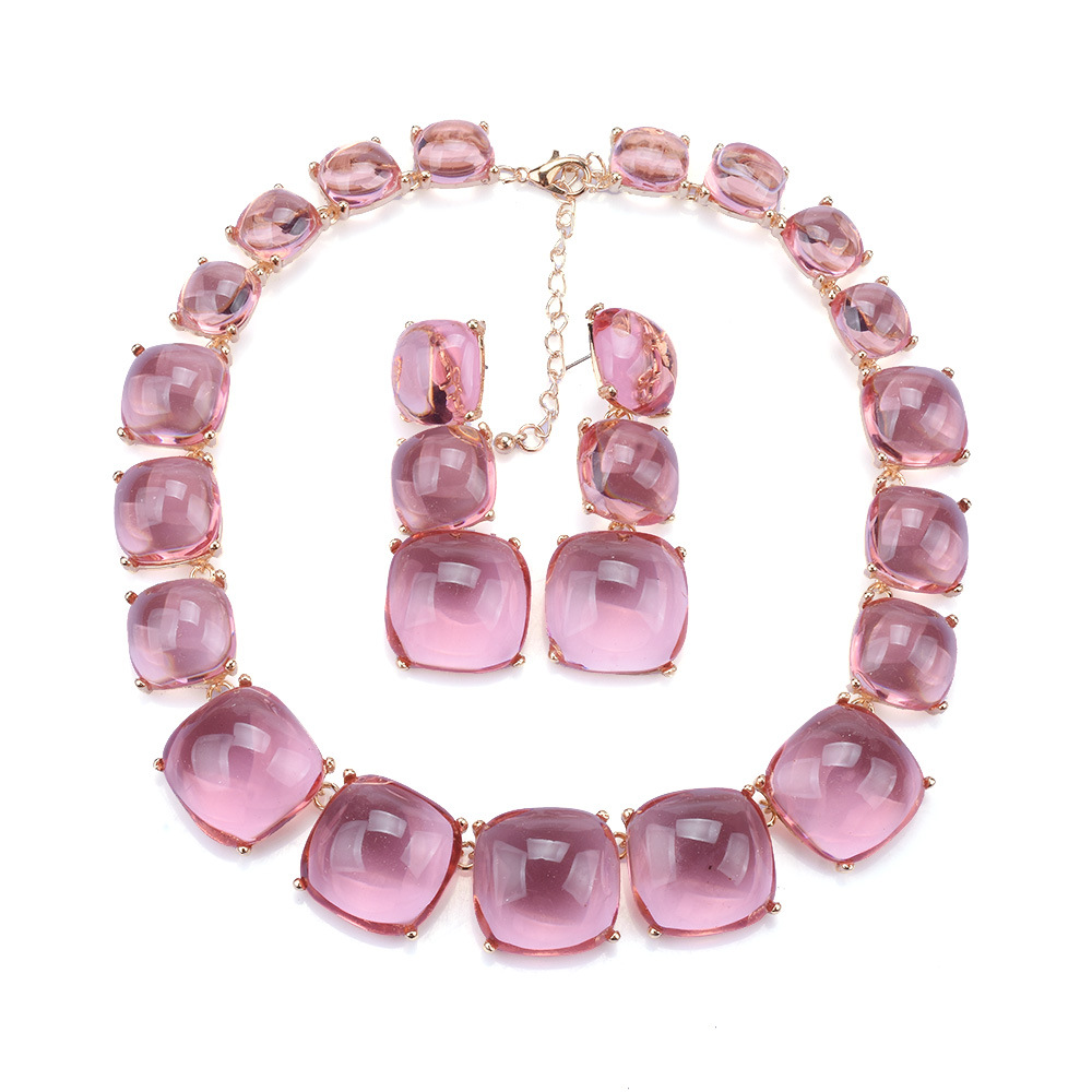 ZA geometric transparent colored resin necklace earring set collarbone chain