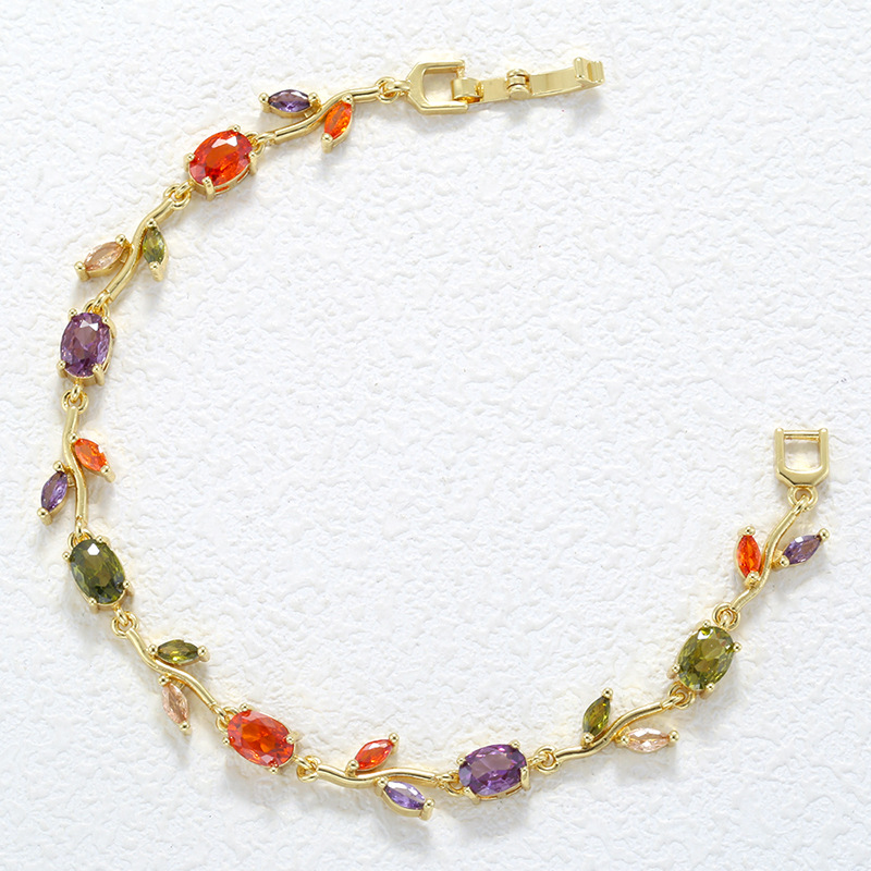 Copper Inlaid Colorful Diamond Branch and Petal Bracelet Leaf Tulip Layered Hand Jewelry