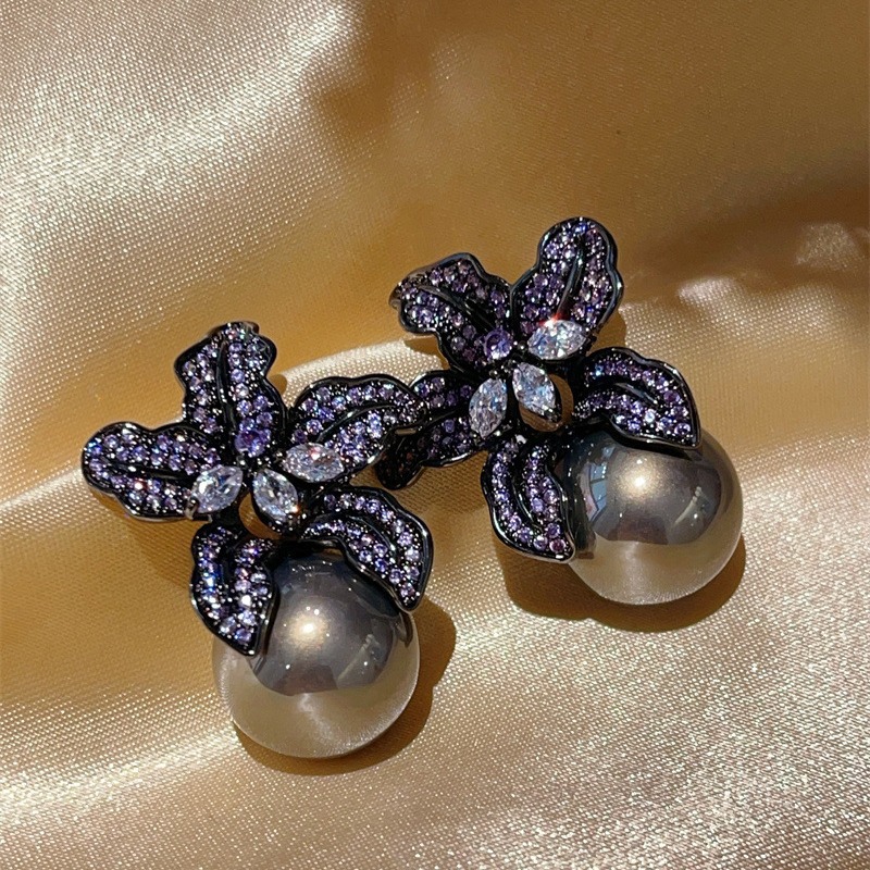 Silver Needle New Super Sparkling Full Diamond Lily Ear Studs Women Pearl Earrings Ear Drops