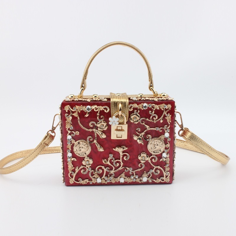 Acrylic Evening Bag Hollow Metal Carved Rhinestone Handbag Shoulder Crossbody Women's Bag