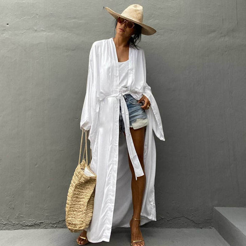 New Rayon Loose Long Cardigan Beach Sun Protection Jacket Seaside Vacation Bikini Cover Up Swimsuit Outer Women