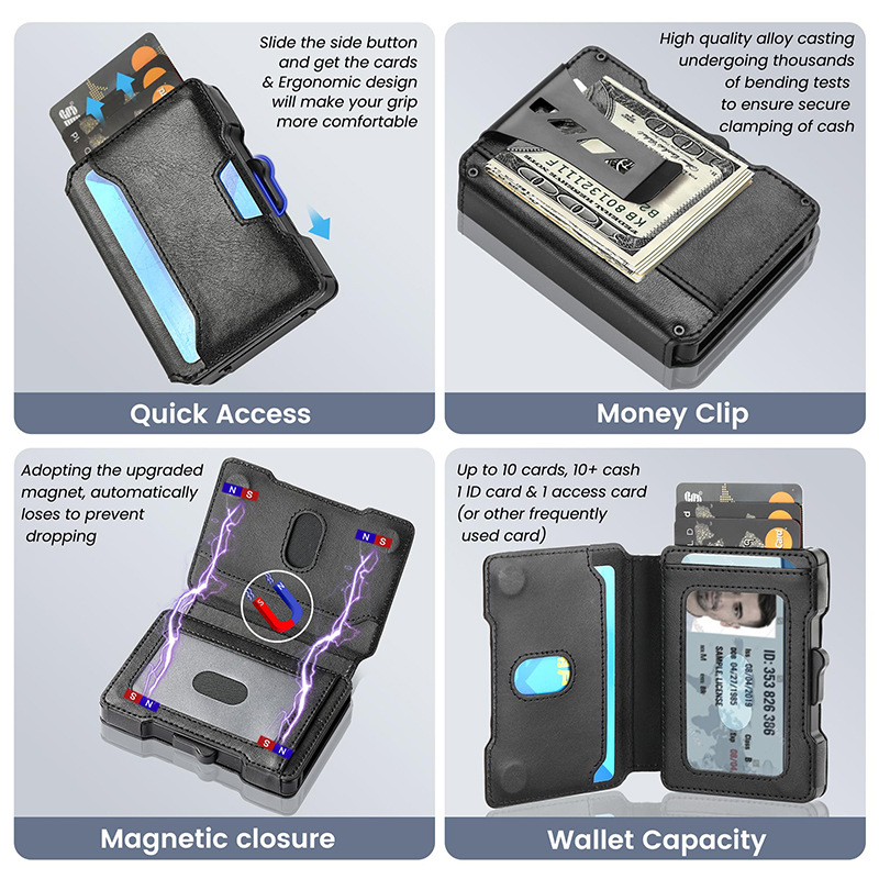 One-Click Pop-Up Metal Genuine Leather Card Holder RFID Anti-Theft Function Multi-Card Slot Men's Wallet