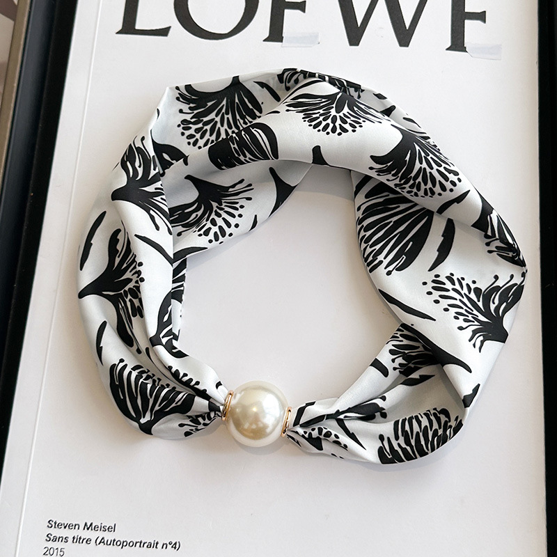 Magnetic buckle pearl necklace small long strip silk scarf women mother neck protection lazy matching shirt thin scarf