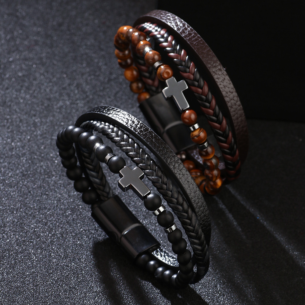 Cross Multi-layer Black Agate Bracelet New Woven PU Leather Tiger Eye Stone Matte Stone Bracelet