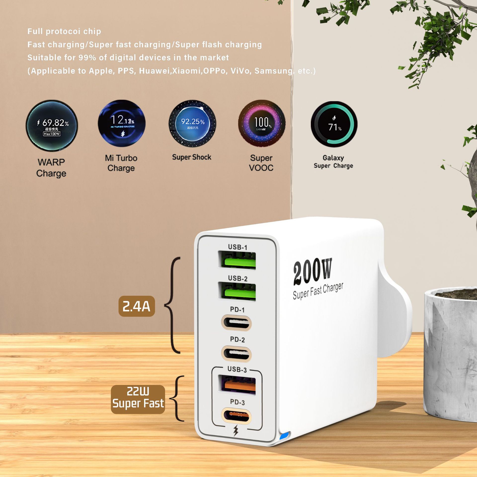 Private Mold 200W Multi-Port Charger 3USB+3PD Phone 6-in-1 Multi-Port Charging Head 5V2.4A Fast Charger