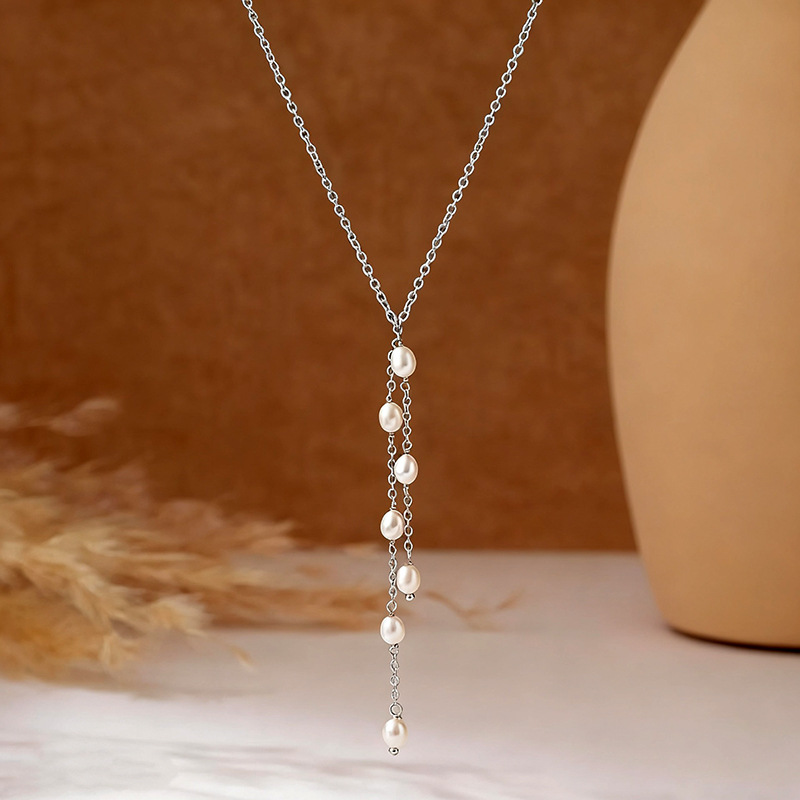 Rongshang Imitation Pearl Tassel Y-Shaped Chain Beaded Thin Chain Lasso Necklace Elegant Neck Ornament Accessory