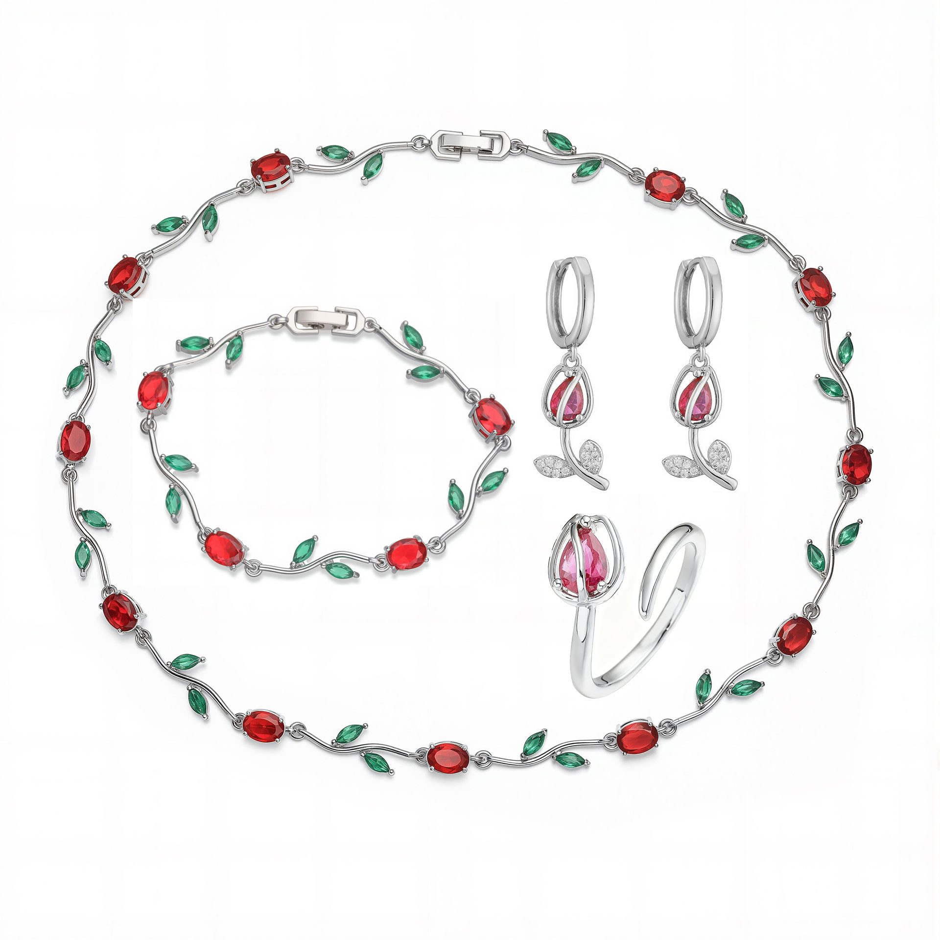 Copper Inlaid Colorful Diamond Tulip Bracelet, Necklace Unique Super Shiny Branch and Flower Jewelry Set