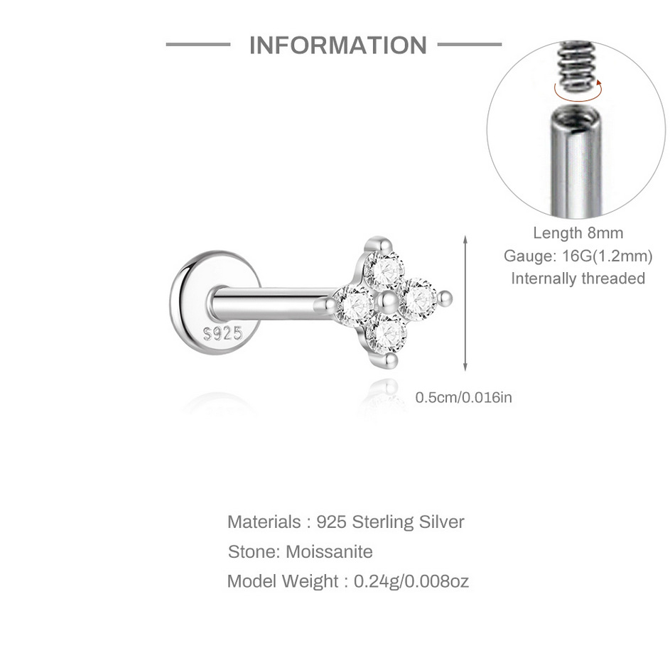 New S925 sterling silver four-claw moissanite flat head threaded cartilage ear stud ear bone stud