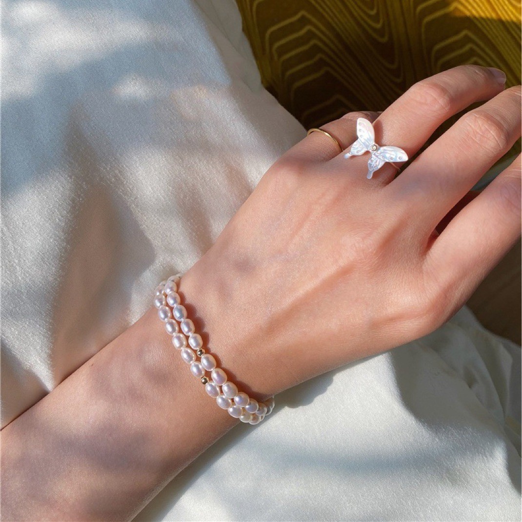 Hands-free washing quality natural pearl millet bracelet elastic minimalist 14K gold-filled bracelet