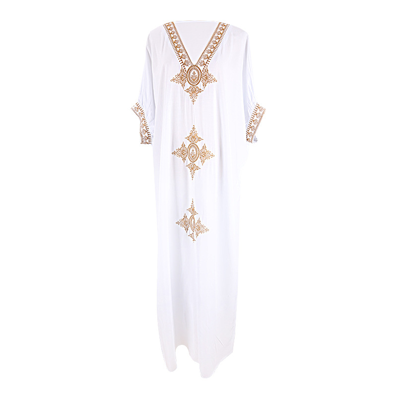 New Rayon Gold Embroidery Long Dress Beach Jacket Sun Protection Bikini Cover Up Swimsuit Outer Women