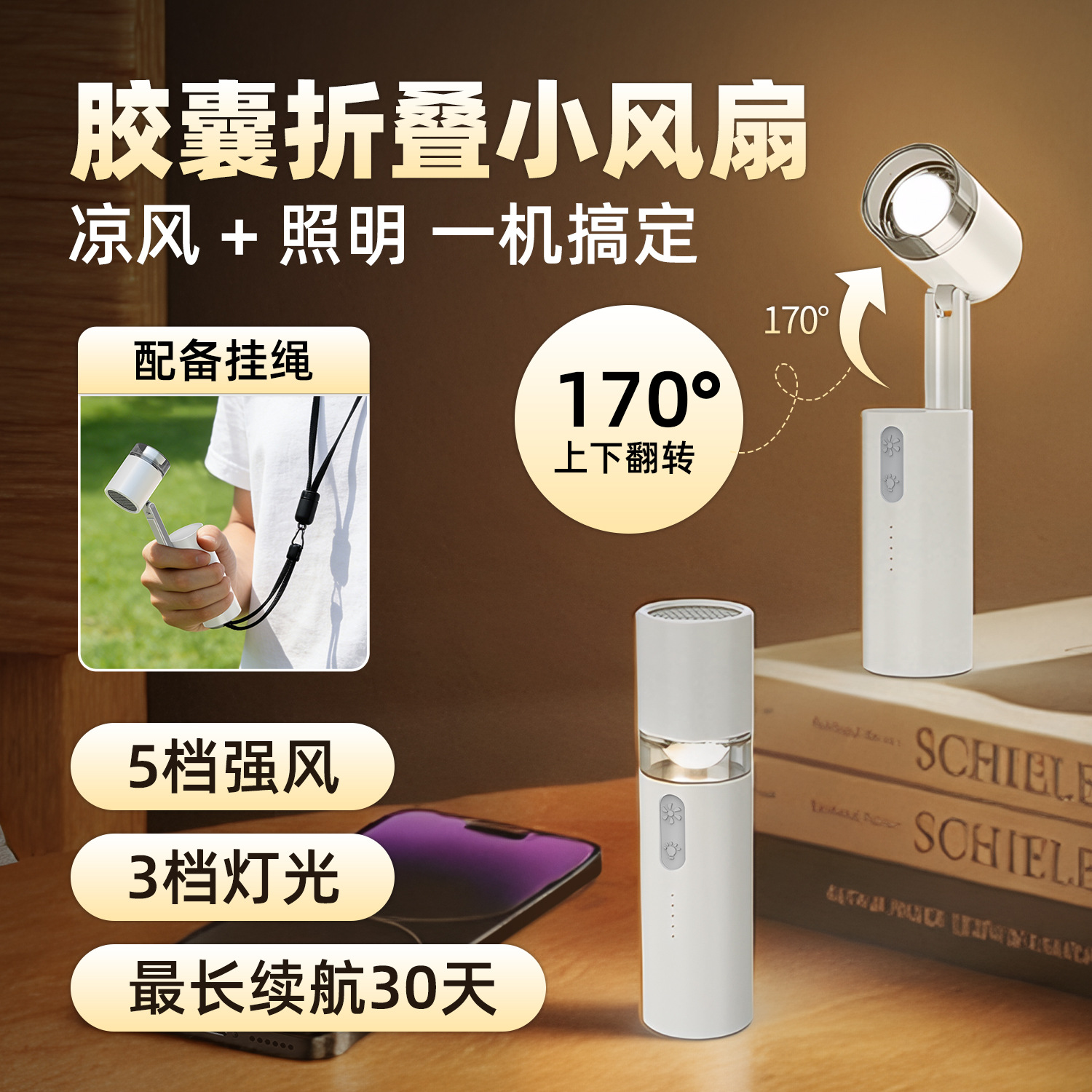 26-year handheld capsule folding with light small fan super long battery life 5-level lighting outdoor camping portable small fan