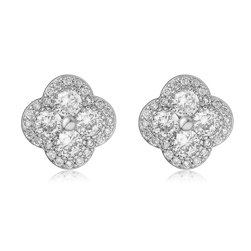 Copper Inlaid Colorful Diamond Four-Leaf Clover Stud Earrings for Women Flower Petal Earrings Earrings