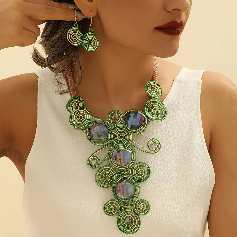 Exaggerated gemstone aluminum wire woven necklace set big brand handmade accessories necklaces