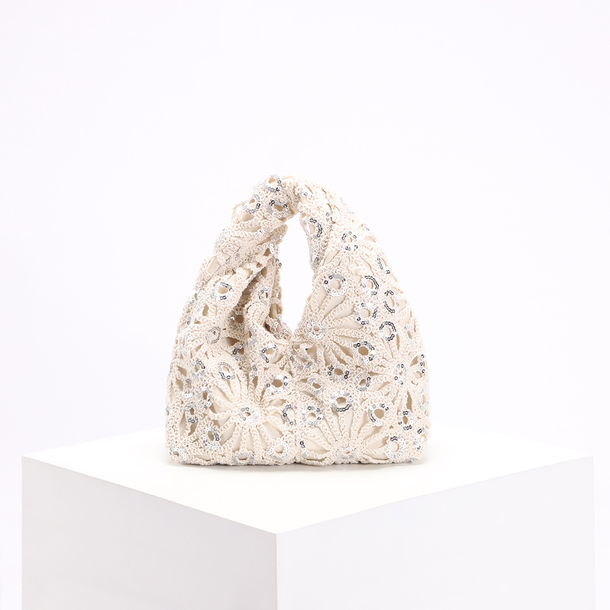Hollow Crochet Handle Bag Women's Silver Sequins Decoration Twist Bag Handbag Vacation Style Spliced Pleated Bag