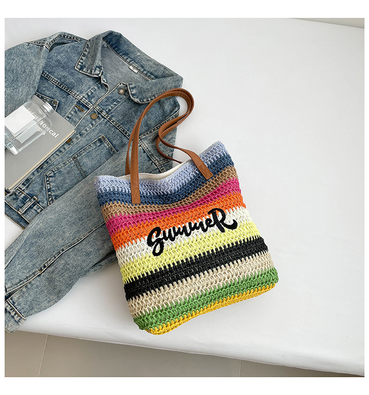 2026 new straw woven bag women's large capacity shopping bag striped letter beach bag embroidered handbag