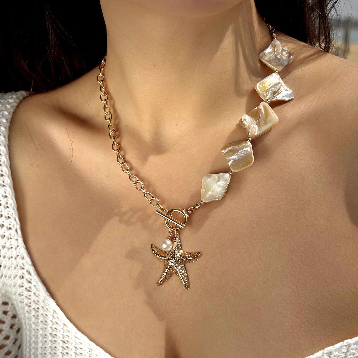 New Starfish Shell Beaded Necklace Imitation Pearl Beaded Layered Gold Necklace Niche Accessories Women